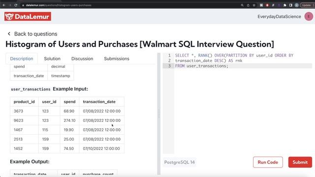 WALMART Interview Question Solved - SQL | "Histogram of Users and Purchases" | Everyday Data Scienc