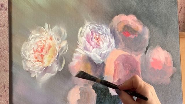 Пионы в синей вазе - работа над картиной. Художник Татьяна Устьянцева. смотреть онлайн