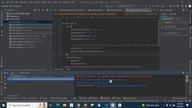 Failed to resolve: com.google.android.gms:play-services-auth20.6.0 error android studio React Nativ