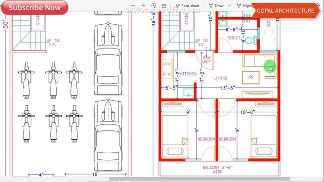 20'-0"x50'-0" 2, 2BHK Flat Map | 2BHK Flat Plan | Gopal Architecture смотреть онлайн