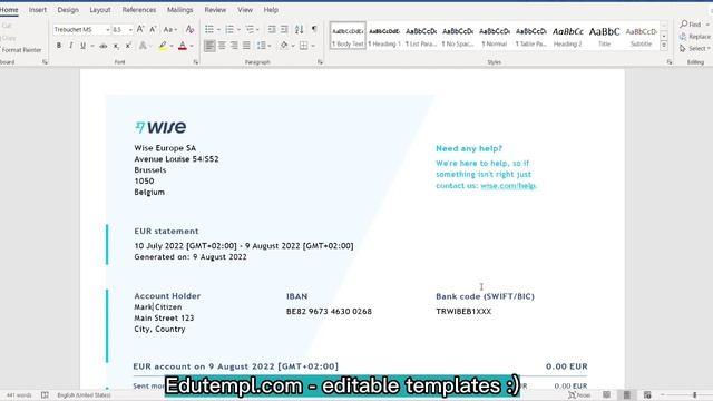 Belgium Wise banking statement Word and PDF template, 2 pages