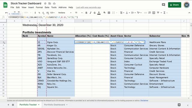 Stock Portfolio Tracker - Google Sheets Spreadsheet Tutorial (Step-by-Step with Code)
