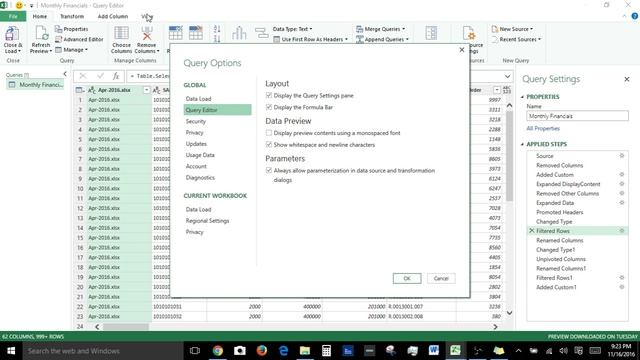 Introduction to Excel Power Query 1 (f), Options and Settings