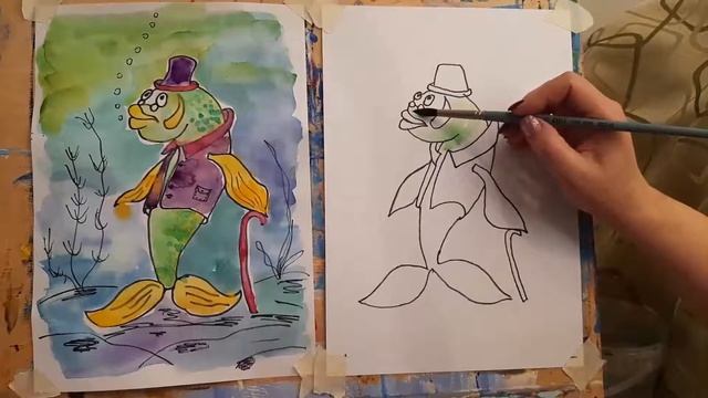 Рисуем иллюстрацию к сказке "Премудрый пескарь". Чёрный маркер, акварель смотреть онлайн