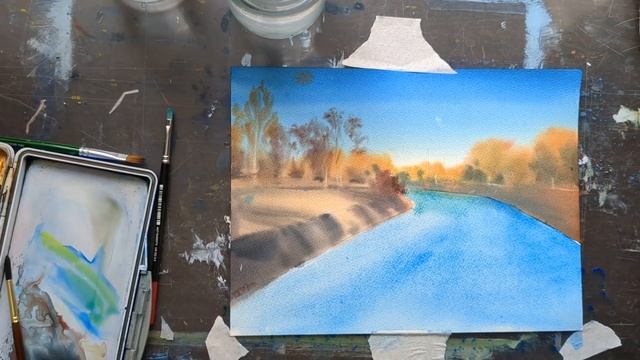 СОЛНЕЧНЫЙ ПЕЙЗАЖ АКВАРЕЛЬЮ // Как писать воду? //  Урок по акварели