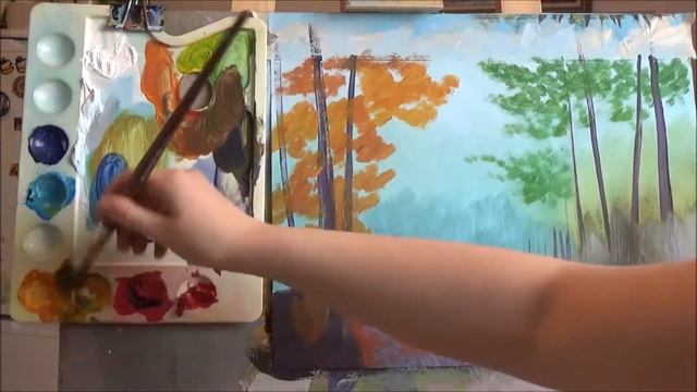 Быстрое рисование Дорога в осеннем лесу Живопись гуашью Научиться рисовать лес смотреть онлайн