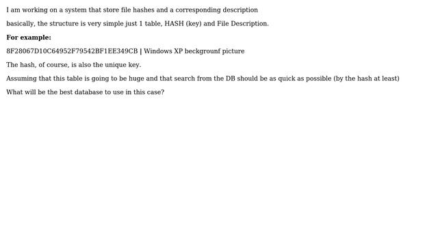 DevOps & SysAdmins: Best database (SQLNoSQL) for storing file hashes and corresponding description смотреть онлайн