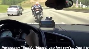 Audi R8 races with Kawasaki Ninja ZX10R & Suzuki GSXR1000 on road.