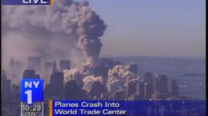 WTC Tower 1 collapse, NY1 LIVE from the Empire State Bldg. camera