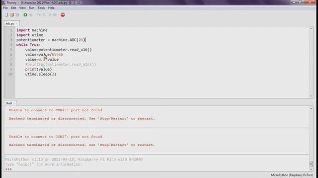 Raspberry Pi Pico ADC Analog to Digital Interface in python Thonny IDE Raspberry Pico Tutorial tami