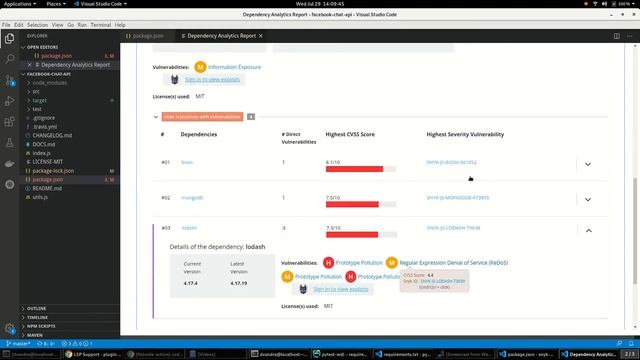 Stack Analysis report in Red Hat CodeReady Dependency Analytics IDE extension
