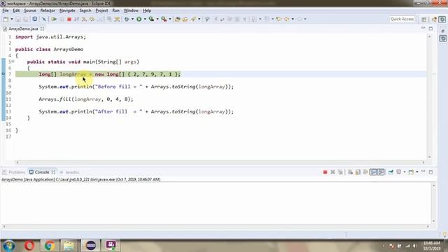 How to use fill(long[] a, int fromIndex, int toIndex, long val) method of Java.util.Arrays Class?