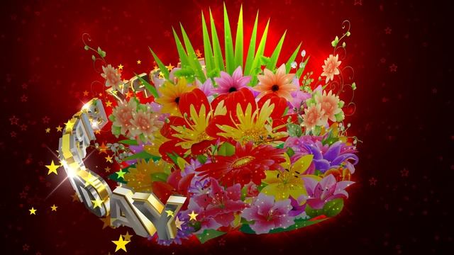 Шикарный футаж: ЦВЕТОЧНАЯ КОМПОЗИЦИЯ HAPPY BIRTHDAY на тёмно-красном фоне с эффектом звёзд смотреть онлайн