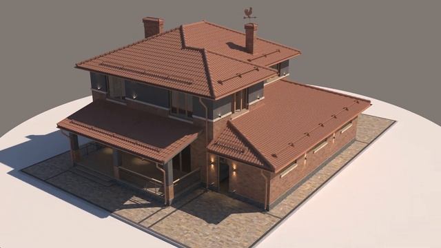 Проект 2-этажного дома 250 м2 с гаражом и террасой сзади из красного кирпича. Вальмовая крыша. смотреть онлайн