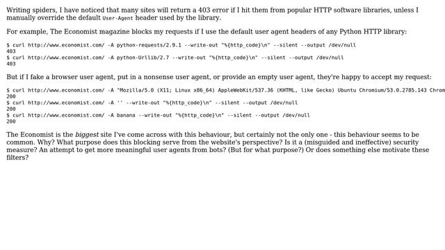 Webmasters: Why do many websites block requests from common HTTP libraries by user-agent? смотреть онлайн