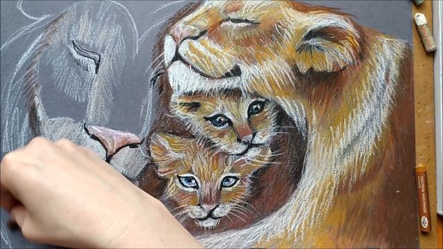 Рисуем пастелью семью львов. We draw a family of lions with pastel. смотреть онлайн