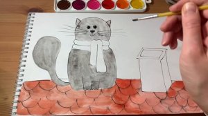 КОТ НА КРЫШЕ РИСУНОК/ УРОК РИСОВАНИЯ ДЛЯ ДЕТЕЙ/ РИСУЕМ АКВАРЕЛЬЮ