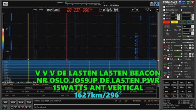 28.01.2023 10:52UTC, [10m, bcn], Радиолюбительский маяк LA5TEN, Норвегия, 28237.5кГц, 1627км.