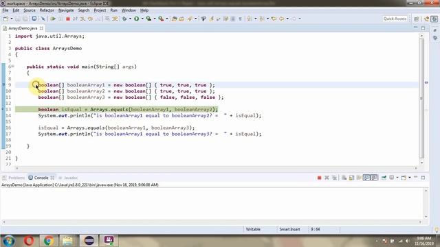How to use equals(boolean[] a, boolean[] a2) method of Java.util.Arrays Class?