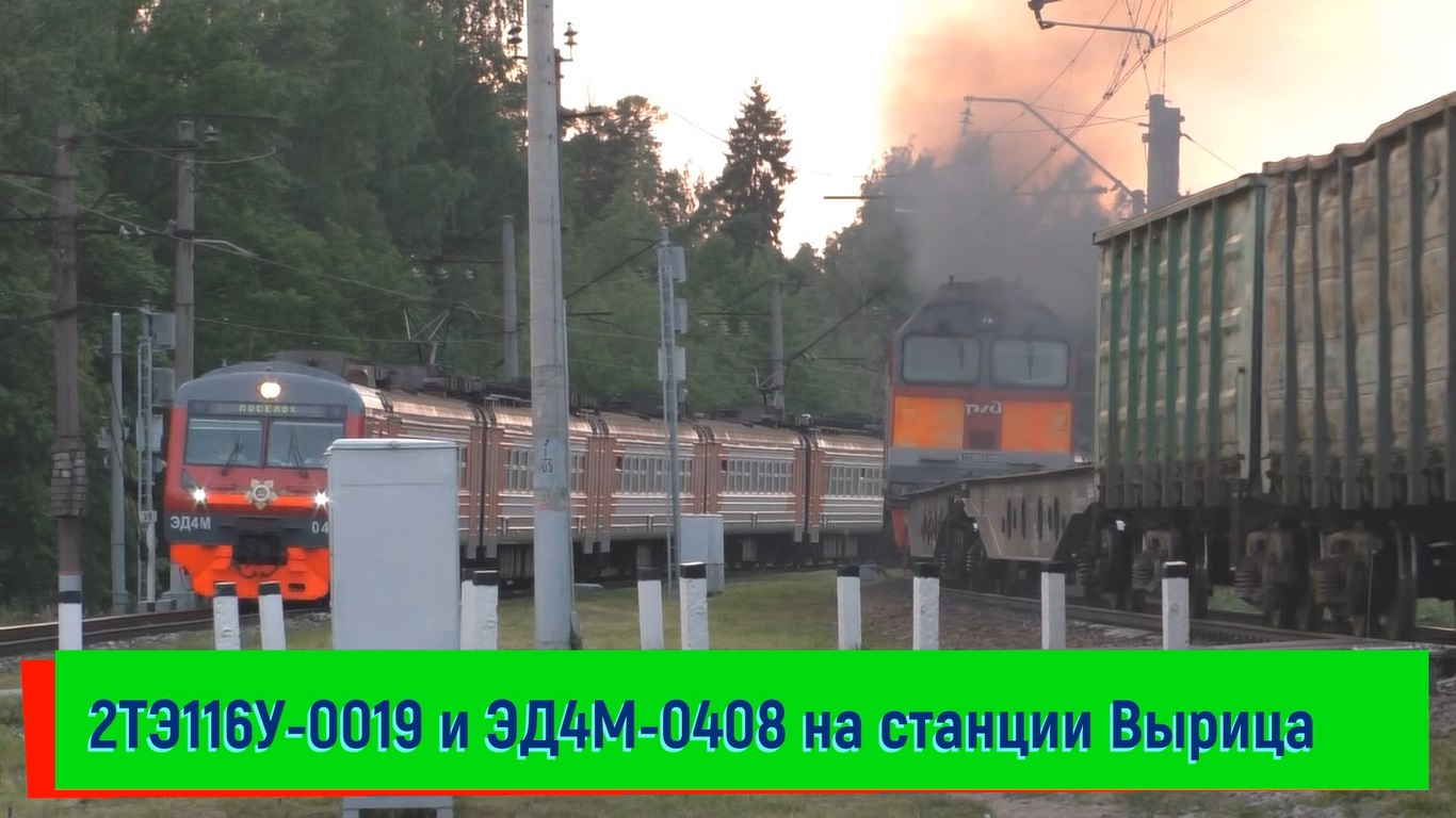 2ТЭ116У-0019 и ЭД4М-0408 на станции Вырица | 2TE116U-0019 and ED4M-0408, Vyritsa station