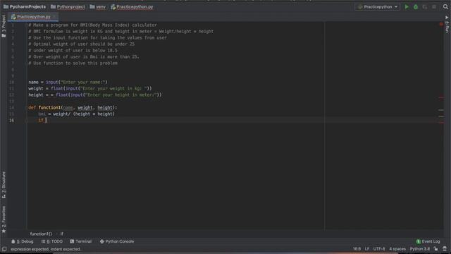Python Practice Series 3 | Beginners | Level 1 | Basic II | Use Function BMI Calculator | Code