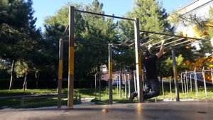 Перелёты с перекладины на перекладину + подтягивания на крокодиле.