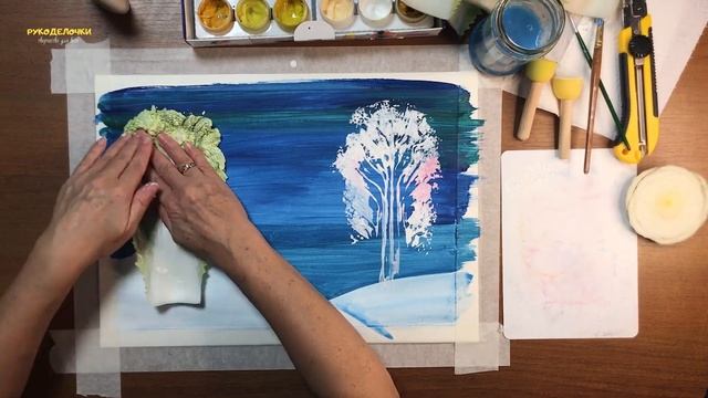 Нестандартные техники рисования / Рисование капустным листом / Зимняя композиция