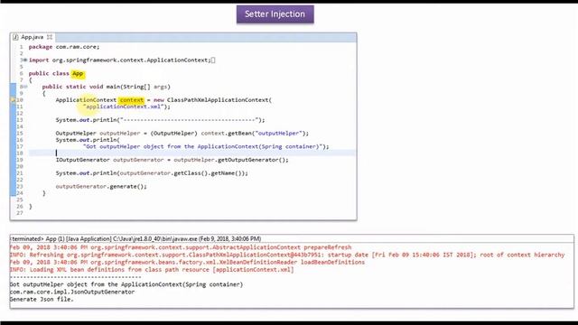 Spring Dependency Injection: IOutputGenerator Interface Dependency Injection via Setter Method