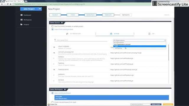 Eclipse Che 4.2.2 fail to import project from Github
