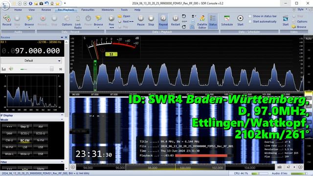 13.06.2024 20:31UTC, [Es], SWR4 Baden-Württemberg, Германия, 97.0МГц, 2102км