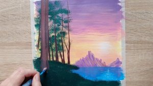 Рассвет и природа / Картина акриловыми красками / Пошаговое рисование