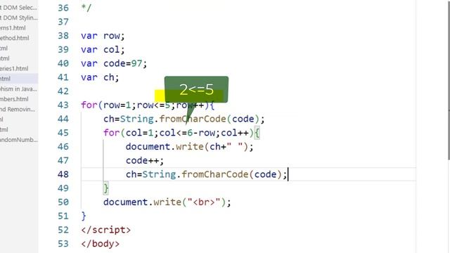 alphabet pattern program in JavaScript | design patterns