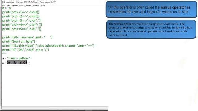 Basic Python Lecture 17 - Escape Sequence|Walrus Operator| sep(),end()|Python 3.8 new operator|