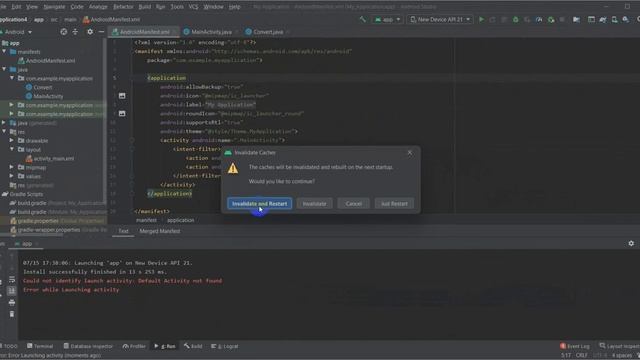Android Studio logcat error | Could not identify launch activity: Default Activity not found