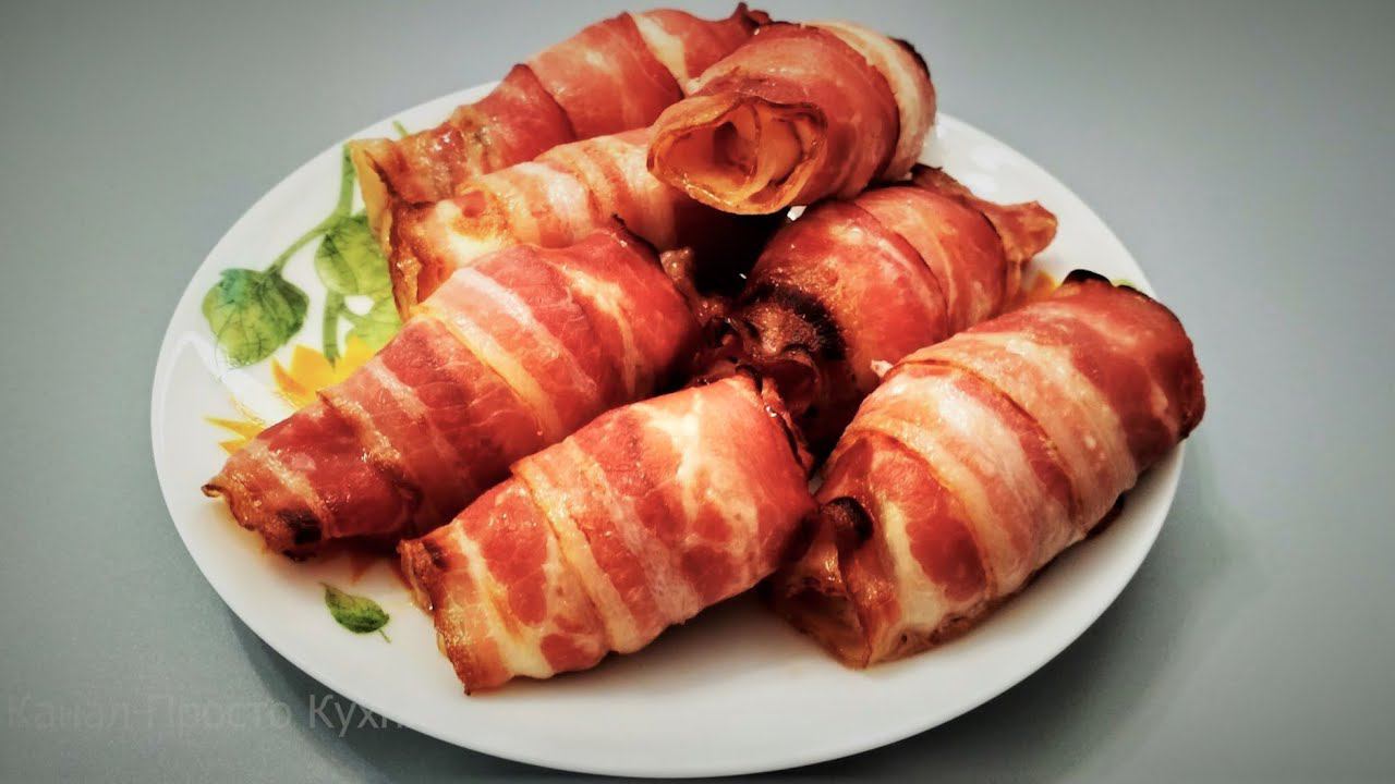 Всего 2 ингредиента, а вкусно очень!  Аппетитные рулетики из куриного филе в беконе.(Субтитры)