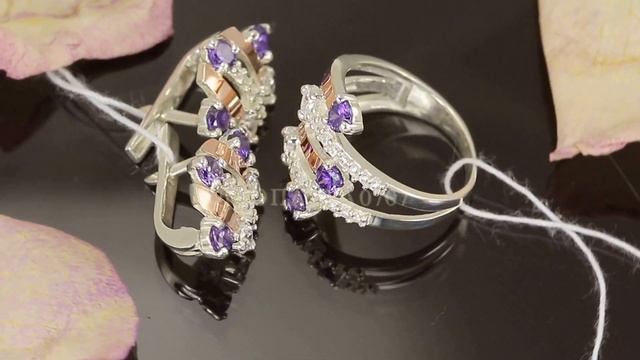 Комплект серебряный (925 проба) "Алессандра-violet" с золотыми вставками и фианитами смотреть онлайн
