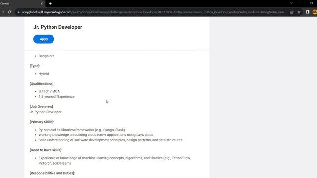 Sony Hiring Jr. Python Developer Role I 2022 I 2021 I 2020 I Batch are Eligible to Apply