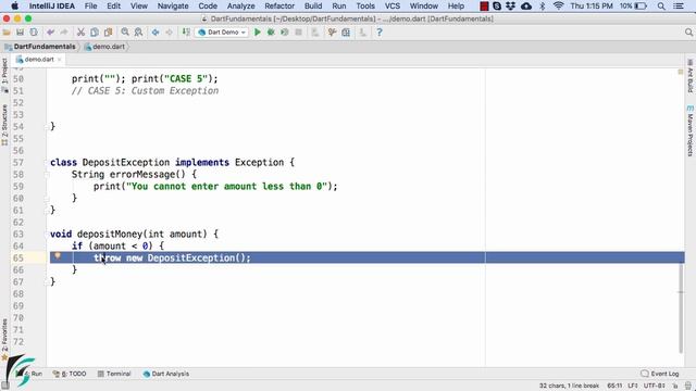 Dart Custom Exception Class example. Dart tutorial for Flutter. #7.2