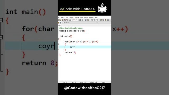 Print ABC using for loop in C++ #programming  #coding  #dev  #forloop #hello  #fyp  #world