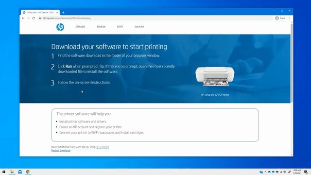 Настройка принтеров серии HP DeskJet 1255 с USB на устройстве с Windows 10 | HP Smart | HP Support смотреть онлайн
