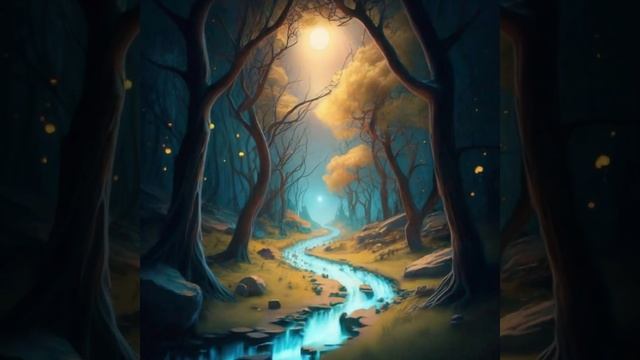 Relaxing AI images. River of light, bright energy and trees. смотреть онлайн