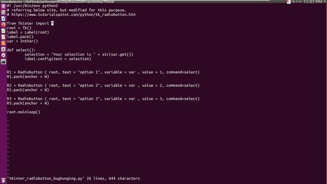 python2 gui tkinter radiobutton, bug hunting Traceback most recent call last