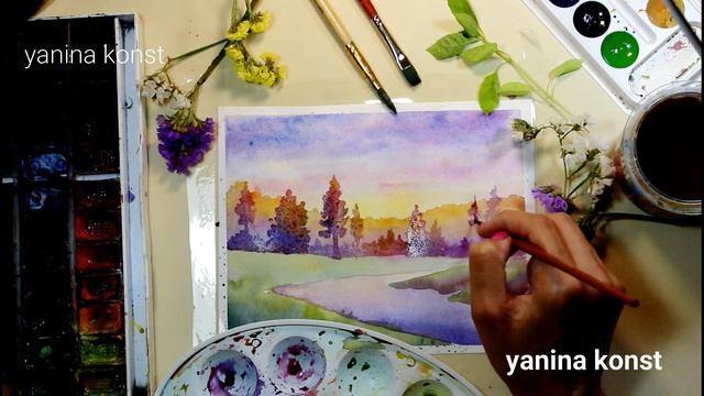 Рисуем пейзаж акварелью. Закат акварелью.