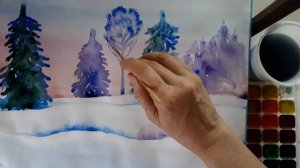 Как нарисовать зимний пейзаж. Акварель для начинающих. Draw a winter forest in watercolor.