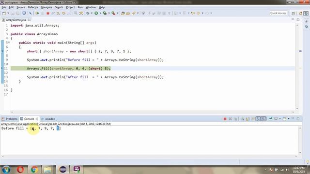 How to use fill(short[] a, int fromIndex, int toIndex, short val) method of Java.util.Arrays Class?
