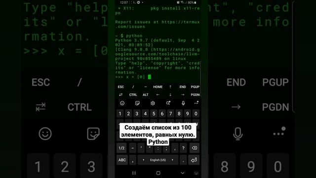 Создаём список из 100 элементов равных нулю. Python
