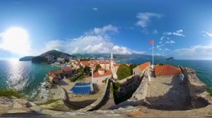 The old town of Budva, Montenegro. 8K 360 aerial video.