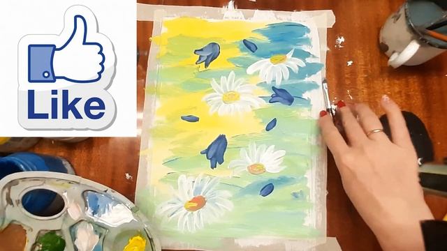 Как нарисовать полевые цветы. Нарисуем цветы легко. Интерьерная картина, ромашки. Колокольчики. смотреть онлайн