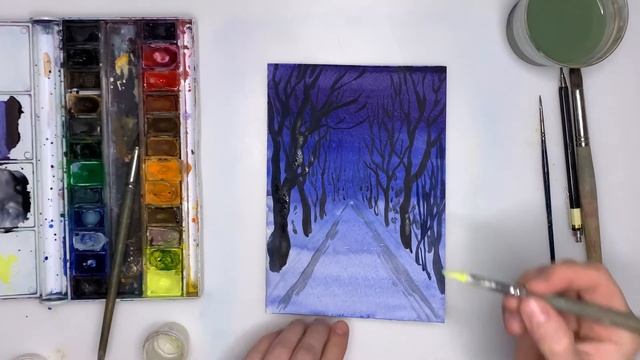 Рисуем ночь зимой. Как нарисовать аллею в перспективе. Урок рисования для детей. Аллея, ночь, зим