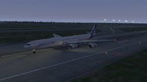X-Plane 11. Немного подлагивающий Airbus A340-600 стремится к полосе.
